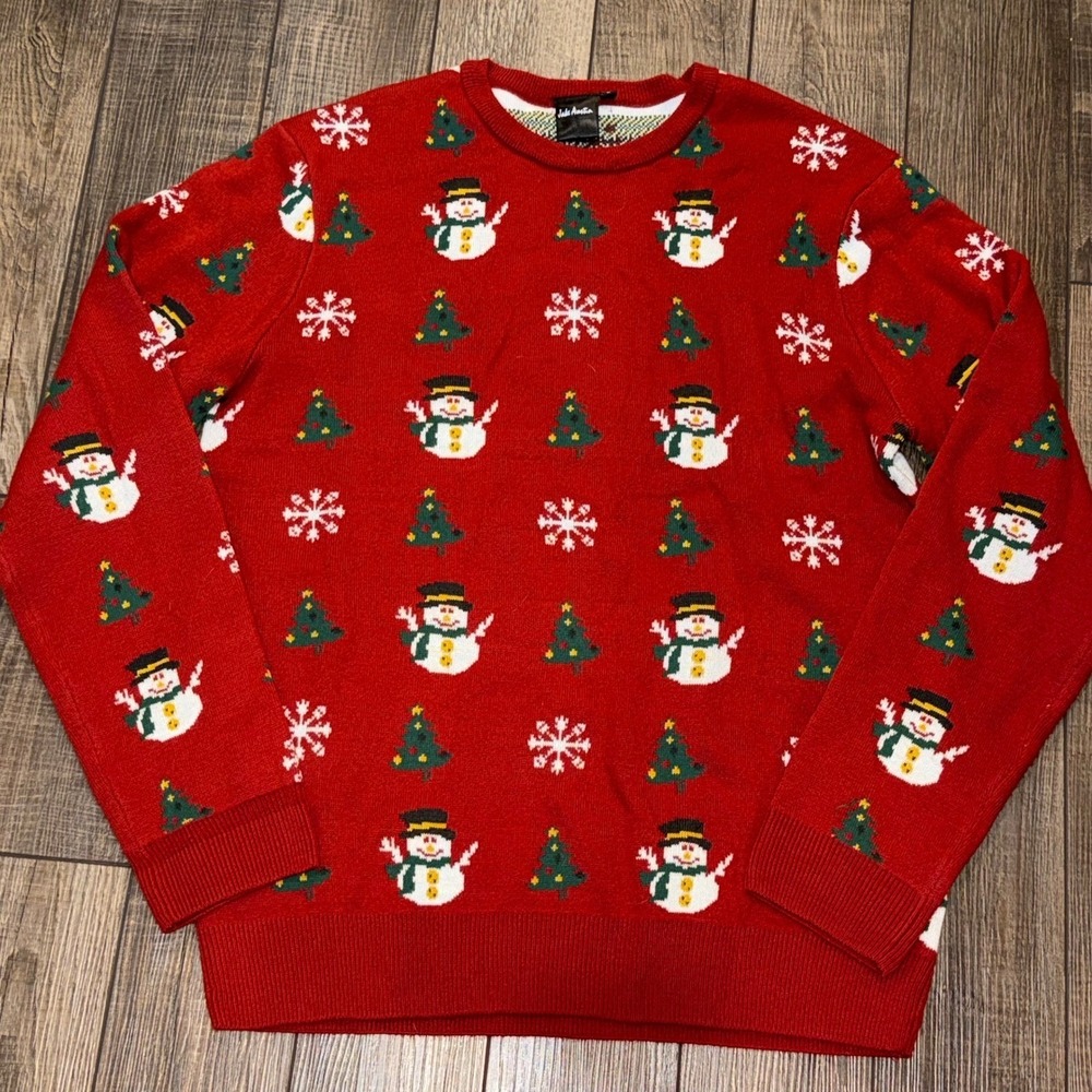 Jake Austin Mens Red Christmas Sweater Snowman Tree Snowflake Large